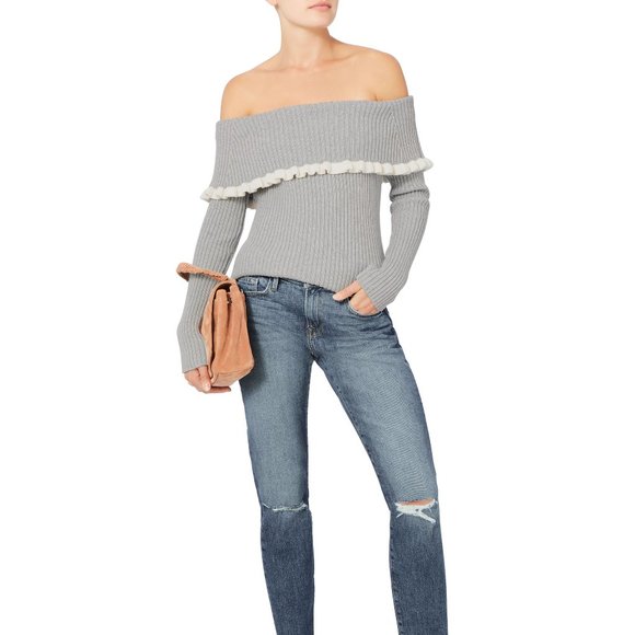 Intermix Gray Raylynn Ruffle Off Cold Shoulder Cocktail Sweater Top Pullover - Picture 3 of 12